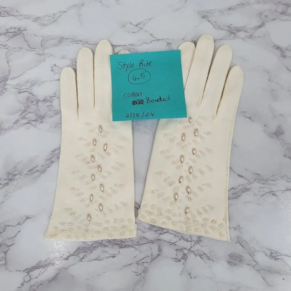 Vintage 50s English Cotton Beaded Evening Dress Formal Gloves